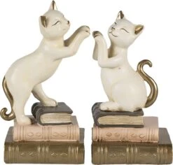 Boekensteunen Set Van 2 Kat 17*10*20 Cm Wit Polyresin Boekenhouders Boekensteun