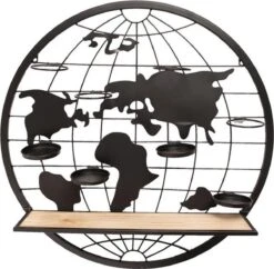 Wandrek Ø 70*14 Cm Bruin Hout, Ijzer Rond De Wereld Muurrek Opbergkast Hangkast