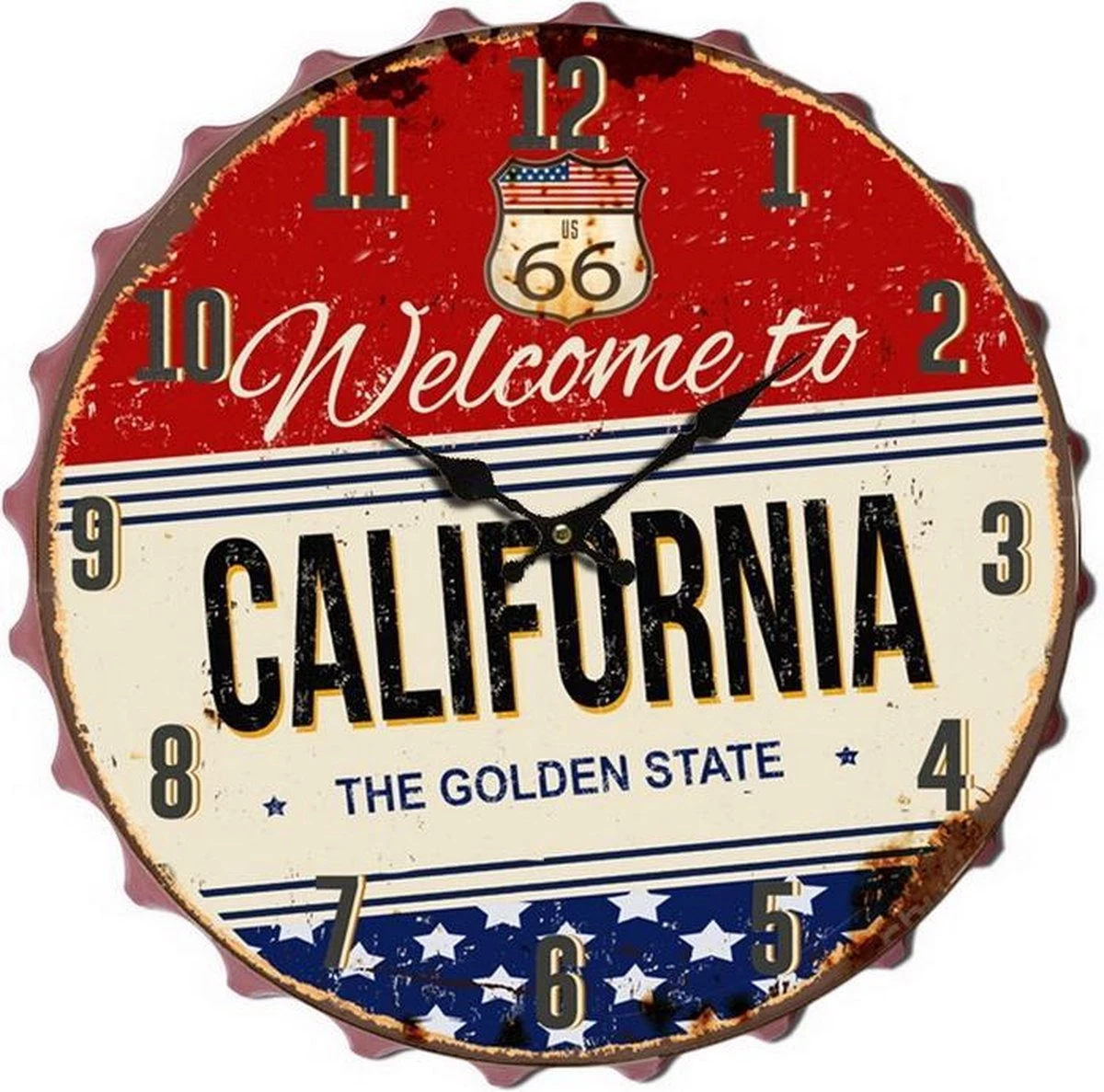Klok - Wanddecoratie - Schilderij - Bierdop Met Klok - Welcome To Californa Klok - 33cm Rond 3 Klok - Wanddecoratie - Schilderij - Bierdop Met Klok - Welcome To Californa Klok - 33cm Rond
