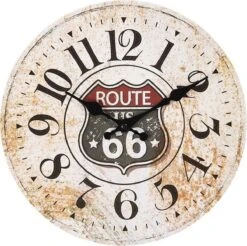 Wandklok Ø 30*3 Cm Beige Hout Rond Route 66 Muurklok Hangklok Keukenklok