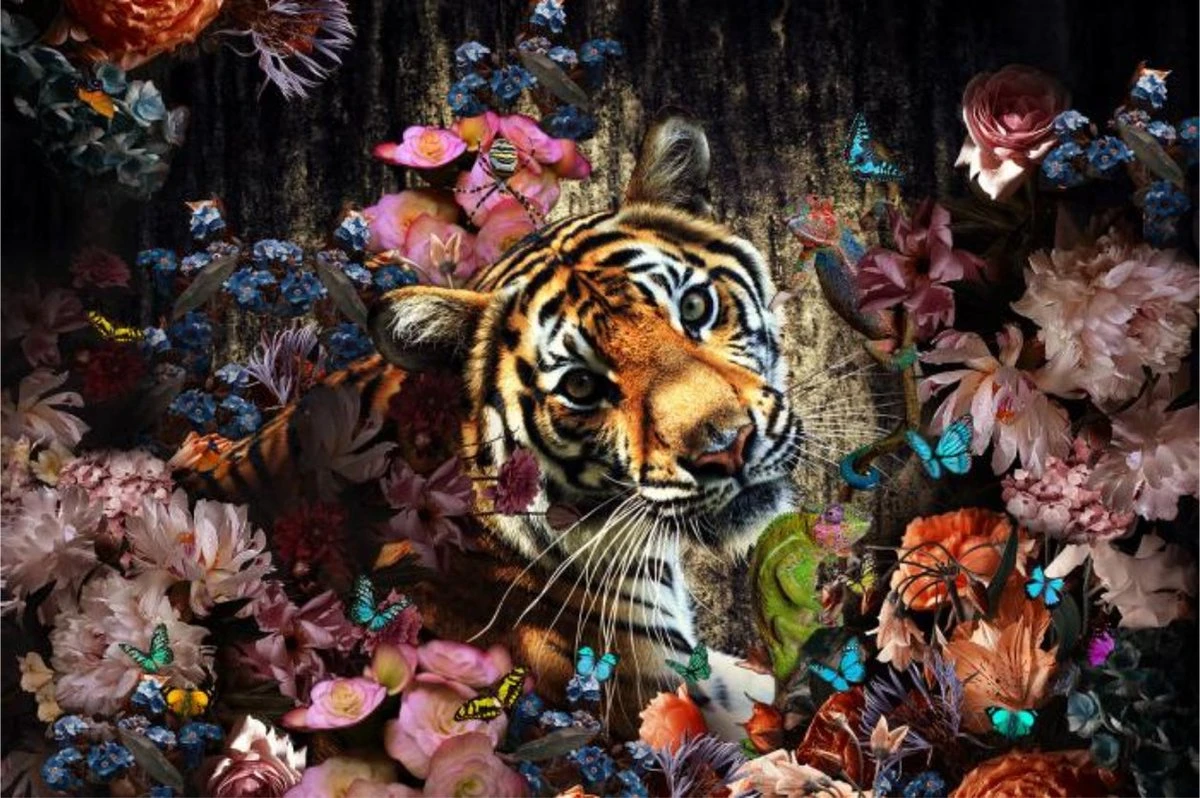Glasschilderij - Tijger - Bloemen - 120x80 Cm - Wanddecoratie 3 Glasschilderij - Tijger - Bloemen - 120x80 Cm - Wanddecoratie