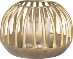 Set Van 2 X Windlicht Ø 15x10 Cm Goudkleurig Metaal Glas Rond Kaarsenhouder Sfeerverlichting