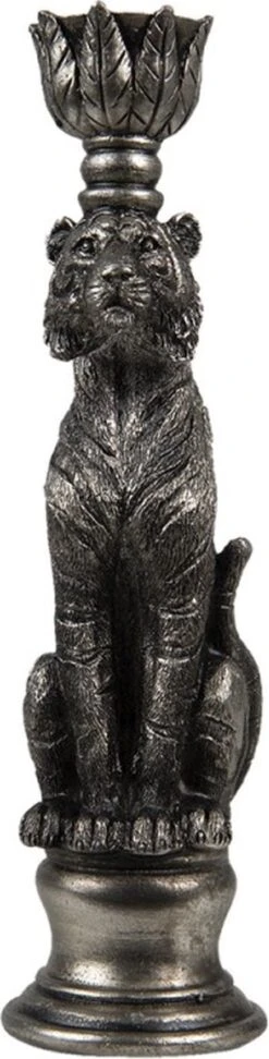 Set Van 2 X Kandelaar Tijger 8x7x25 Cm Zilverkleurig Kunststof Kaarsenstandaard Kaarsenhouder Decoratie Beeld