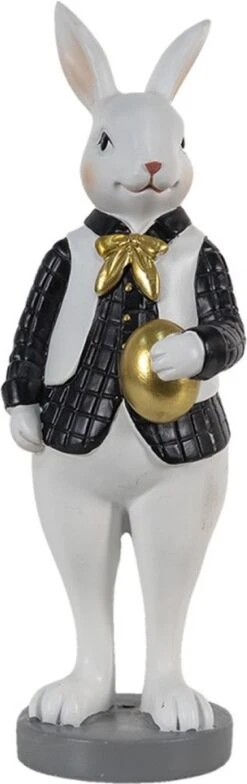 Decoratie Beeld Konijn 7*7*20 Cm Zwart, Wit Kunststof Decoratief Figuur Paashaas Woonaccessoires