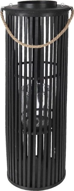 Windlicht Ø 25*80 Cm Zwart Hout Rond Kaarsenhouder Sfeerverlichting