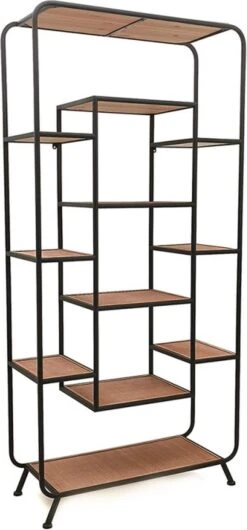 Wandrek 80*32*169 Cm Bruin, Zwart Hout, Ijzer Wandplank Wandschap