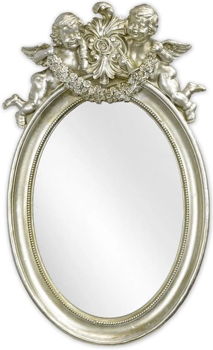 Zilveren Spiegel - Klassieke Afwerking Met Engels - Polyresin, Ovaal - 49,3 Cm Hoog 3 Zilveren Spiegel - Klassieke Afwerking Met Engels - Polyresin, Ovaal - 49,3 Cm Hoog