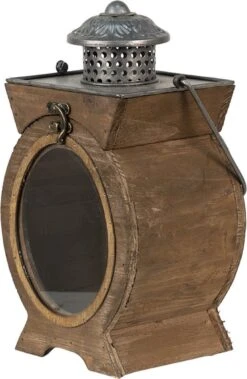 Lantaarn 16*12*28 Cm Bruin Hout, Glas Ovaal Kaarsenhouder Sfeerverlichting