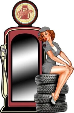 Wandspiegel Benzinepomp 53*4*80 Cm Grijs, Rood Metaal, Glas Station Grote Spiegel Muur Spiegel Wand Spiegel