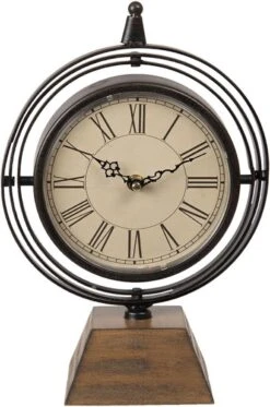 Tafelklok 21x11x31 Cm / 1xAA Bruin Hout Metaal Rond Tafelklokken Binnen Staand Klokje Tafelklokje