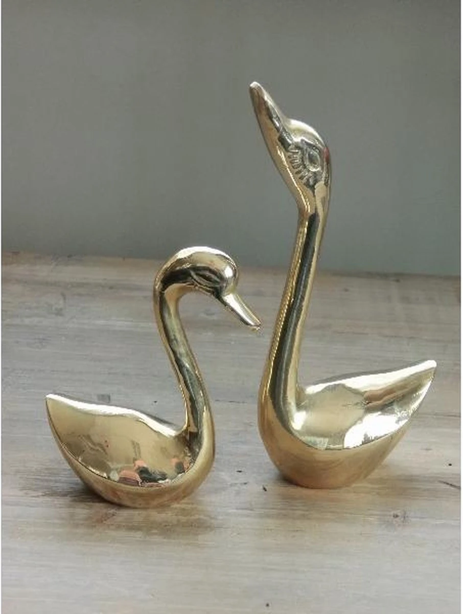 Sculptuur - 14 Cm Hoog - Twee Zwanen Van Messing - Goudkleurig 3 Sculptuur - 14 Cm Hoog - Twee Zwanen Van Messing - Goudkleurig