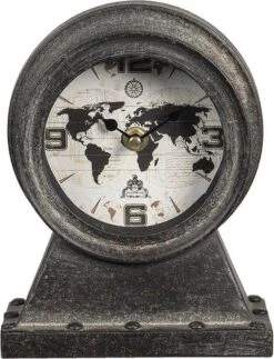 Tafelklok 15*8*19 Cm / 1*AA Zwart Ijzer, Glas, Hout Rond Wereldkaart Tafelklokken Binnen Staand Klokje Tafelklokje