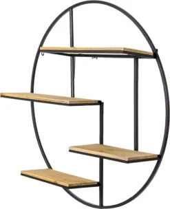 Wandrek Ø 70*15 Cm Bruin, Zwart Ijzer, Hout Rond Muurrek Opbergkast Hangkast